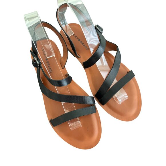 Lucky Brand Black Leather Strappy Flat Sandals Womens Size 8.5M, 39 - Picture 4 of 10